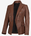 Double Breasted Cognac Leather Blazer Women