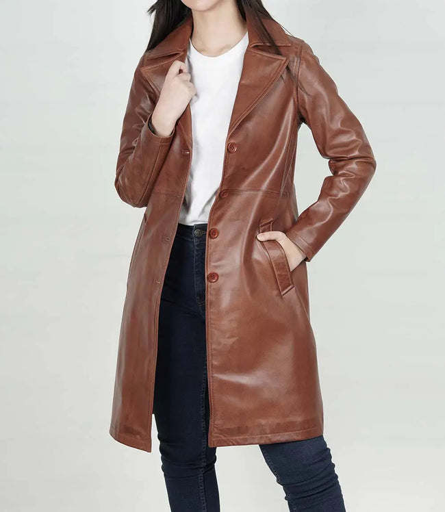 Women Long Cognac Leather Car Coat