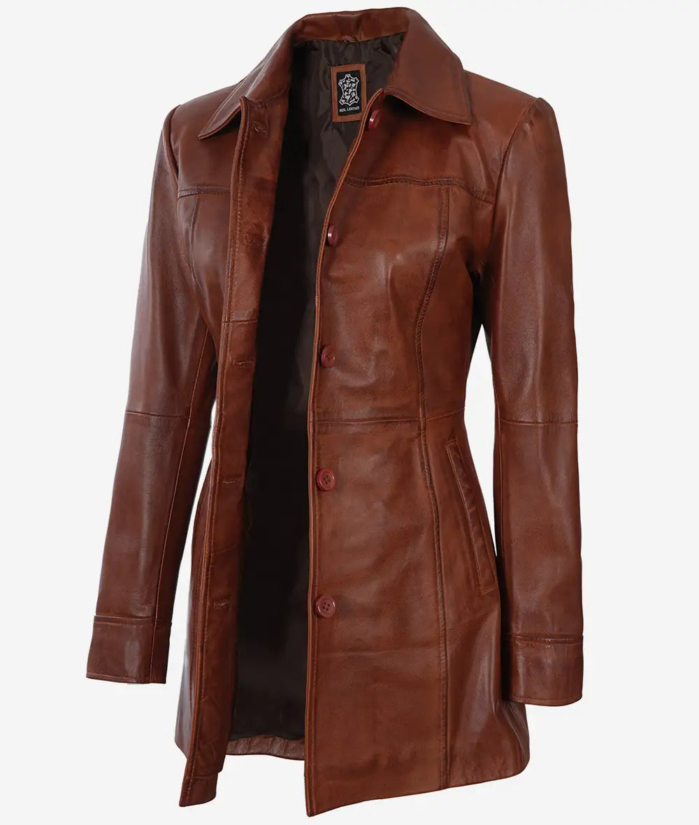 Womens Tall Cognac 3 Quarter Leather Coat