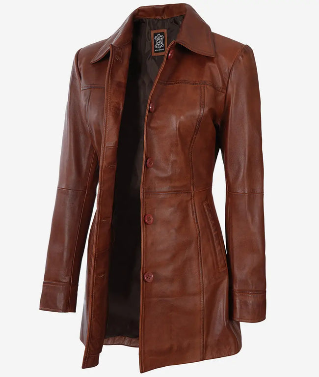 Womens Tall Cognac 3 Quarter Leather Coat