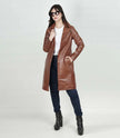 Women Long Cognac Leather Car Coat