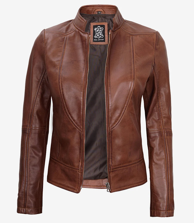 Womens Real Lambskin Leather Cognac Biker Jacket