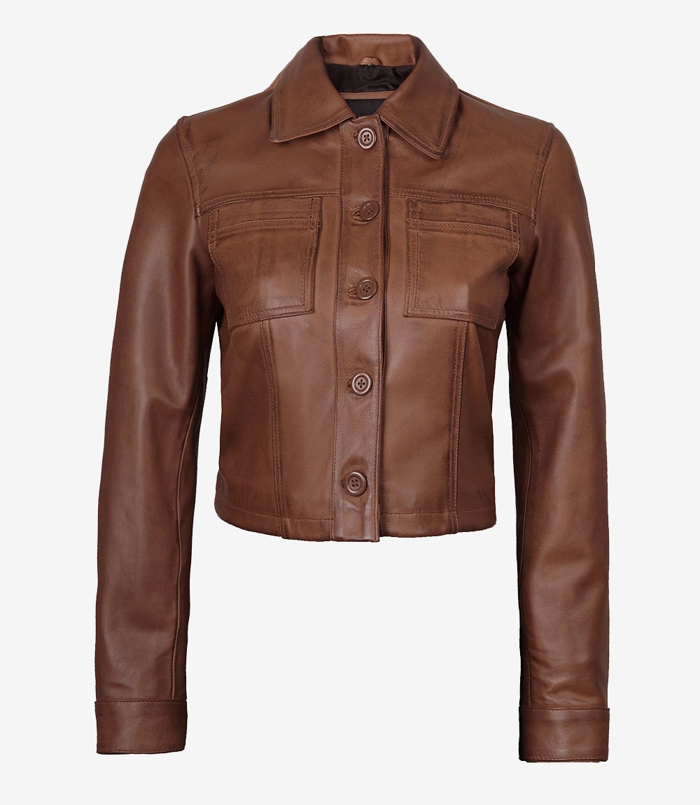 Womens Cropped Cognac Leather Jacket