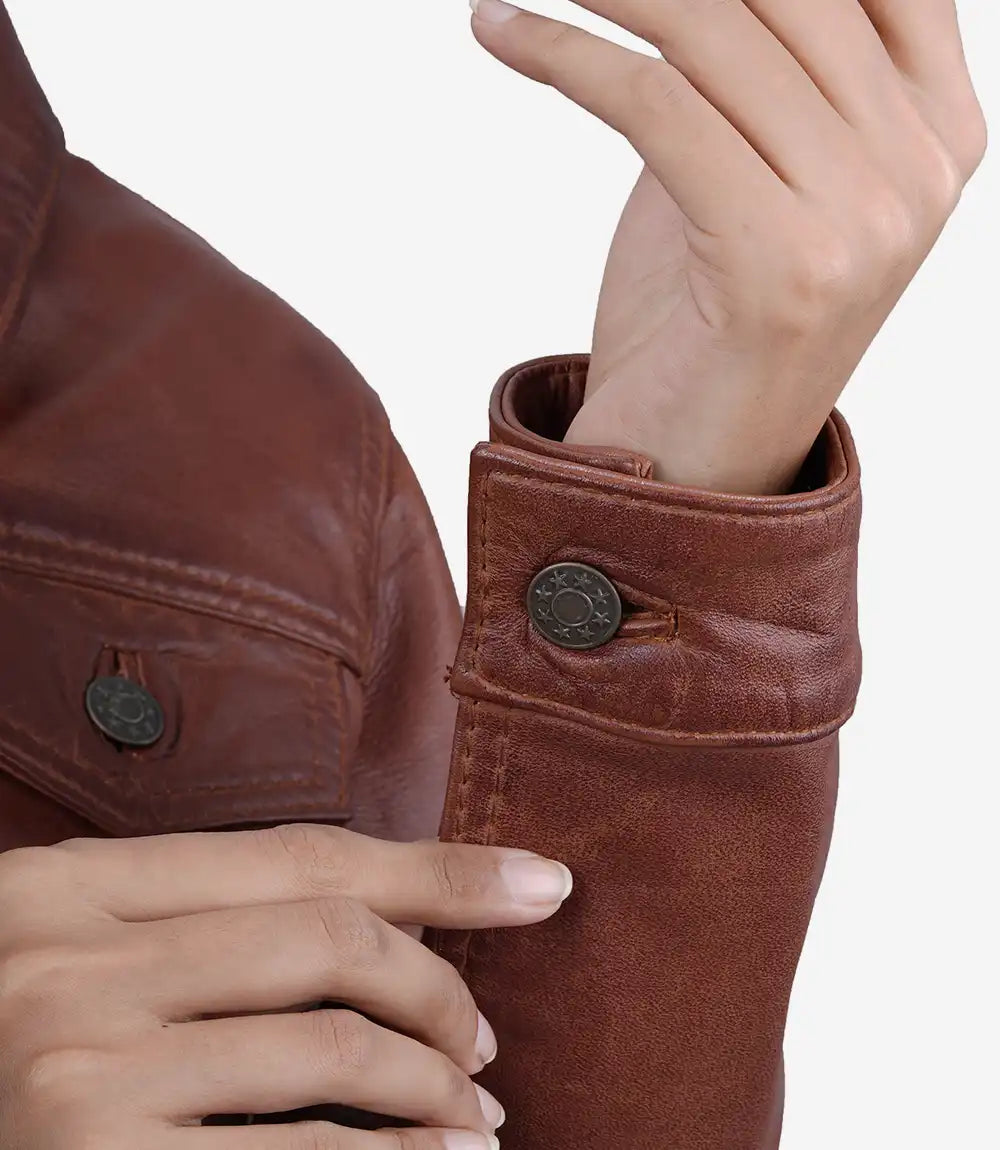 Womens Cognac Trucker Leather Jacket