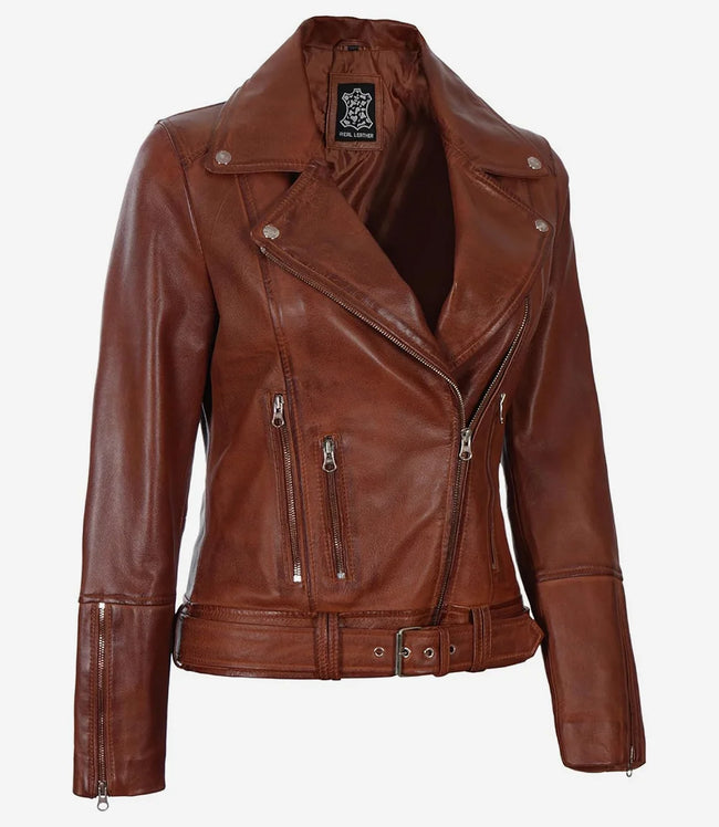 Womens Asymmetrical Moto Cognac Leather Jacket