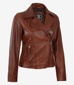 Cognac Asymmetrical Leather Biker Jacket Women