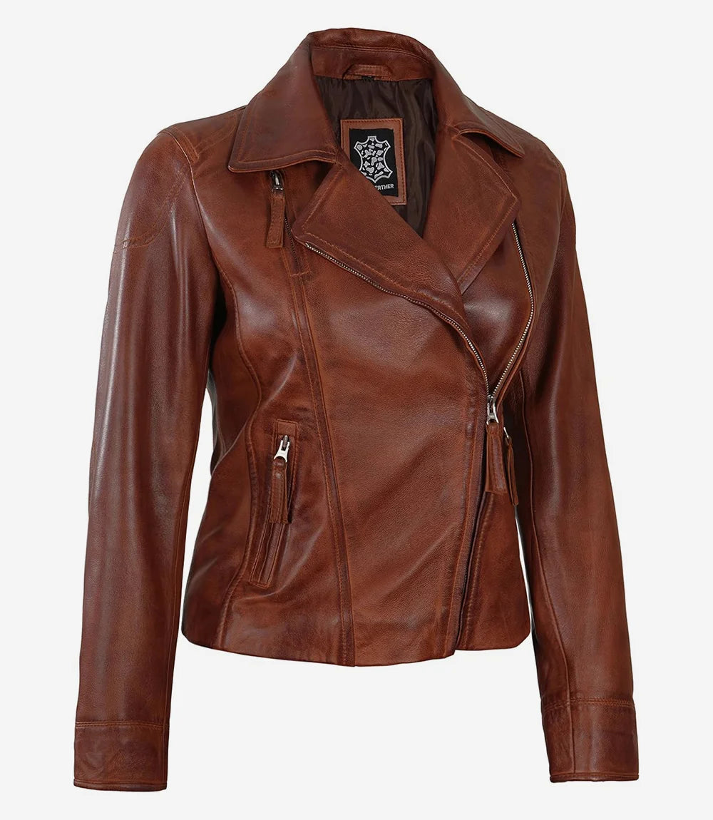 Cognac Asymmetrical Leather Biker Jacket Women