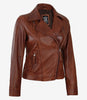Cognac Asymmetrical Leather Biker Jacket Women