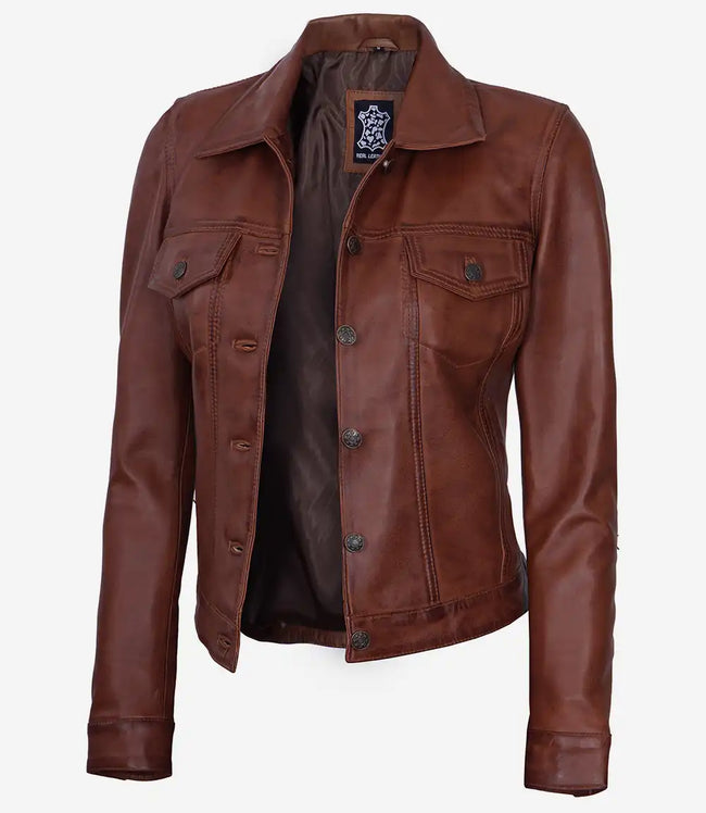 Womens Cognac Trucker Leather Jacket
