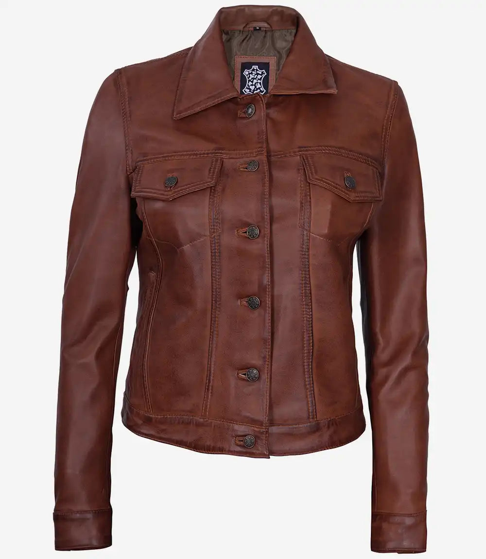 Womens Cognac Trucker Leather Jacket