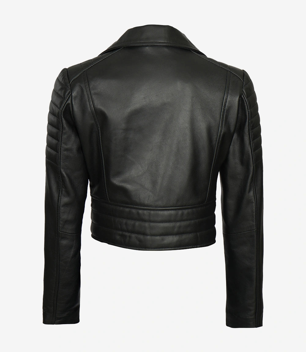 Women Asymmetrical Black Cropped Moto Leather Jacket