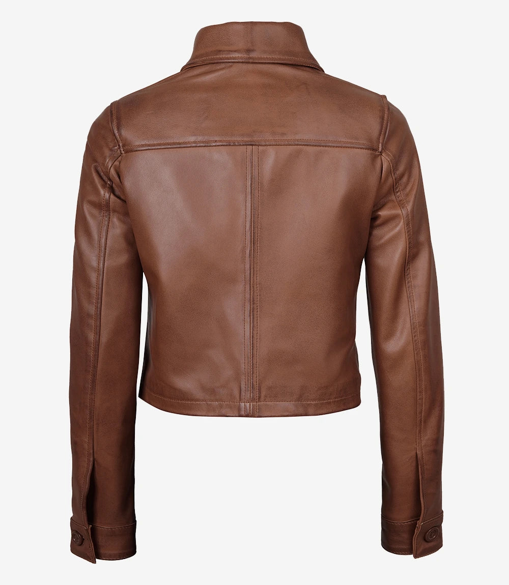 Womens Cropped Cognac Leather Jacket