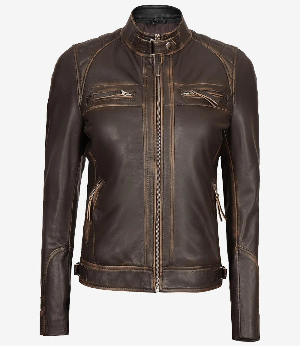 Womens Rub off Real Lambskin Leather Motorcycle Jacket