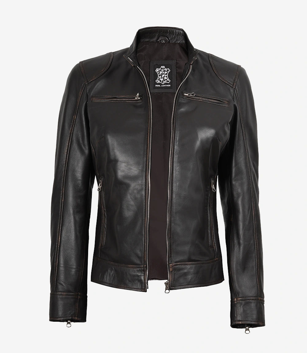 Womens Ruboff Brown Distressed Biker Leather Jacket
