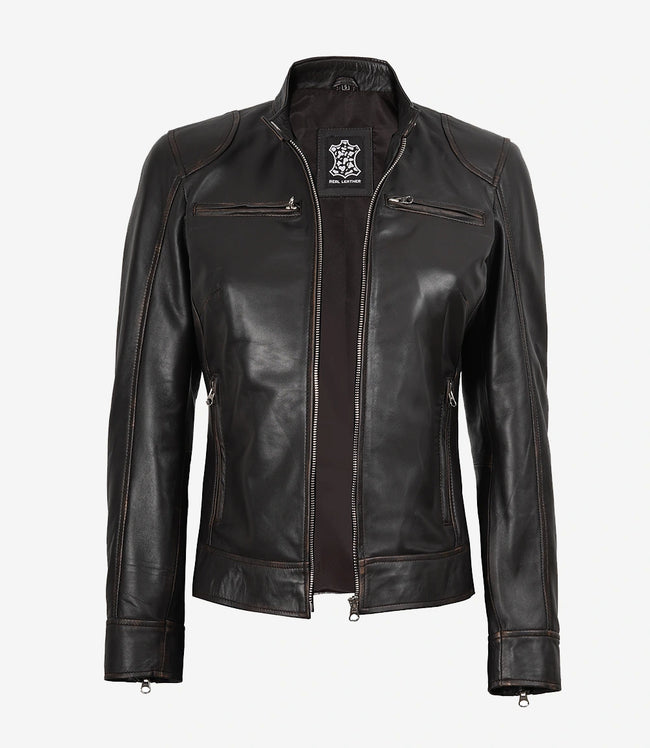 Womens Ruboff Brown Distressed Biker Leather Jacket