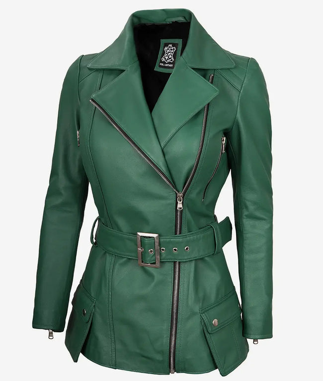Womens Green Belted Moto Leather Jacket