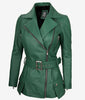 Womens Green Belted Moto Leather Jacket