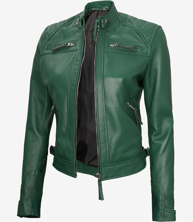 Womens Real Lambskin Leather Green Quilted Biker Jacket