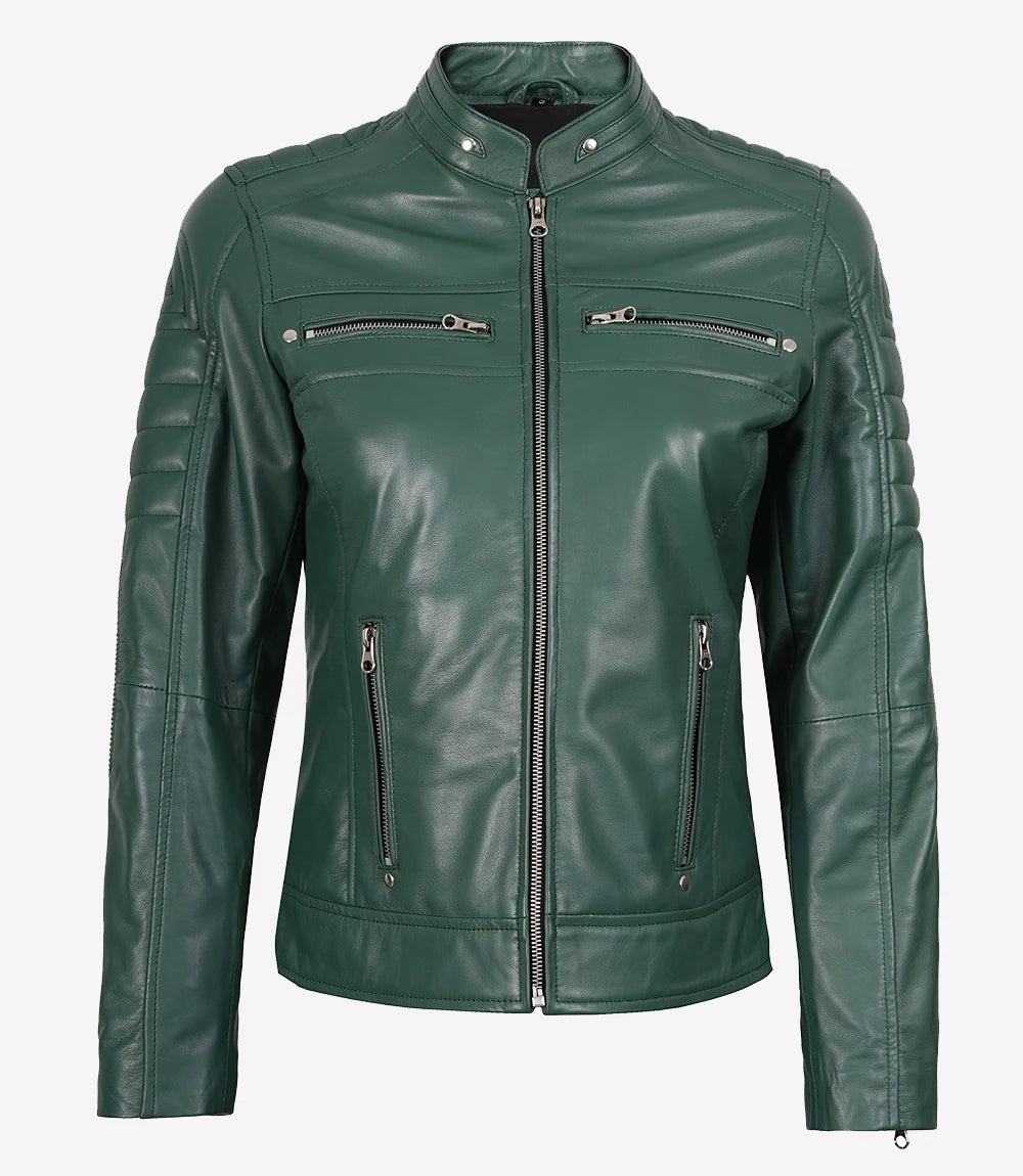 Womens Real Leather Green Biker Jacket
