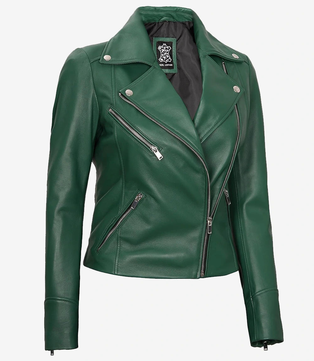 Womens Real Lambskin Leather Green Moto Jacket