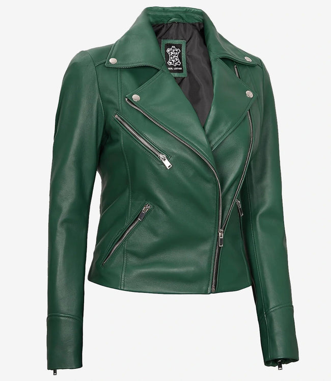 Womens Real Lambskin Leather Green Moto Jacket