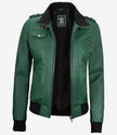 Womens Green Hooded Bomber Leather Jacket