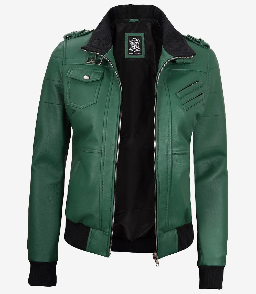 Womens Green Hooded Bomber Leather Jacket