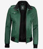 Womens Green Hooded Bomber Leather Jacket