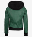 Womens Green Hooded Bomber Leather Jacket