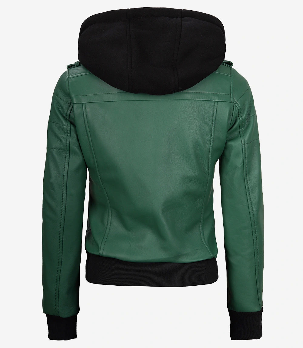 Womens Green Hooded Bomber Leather Jacket