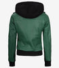 Womens Green Hooded Bomber Leather Jacket