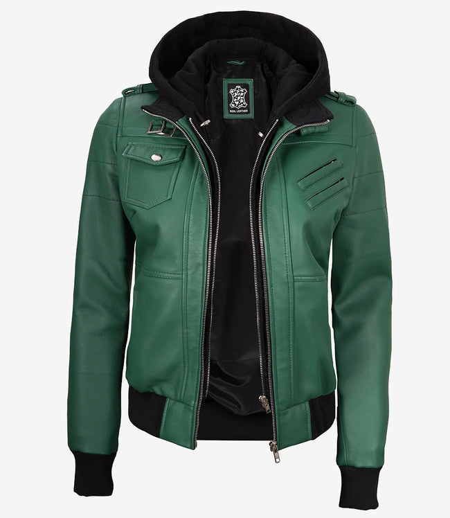 Womens Green Hooded Bomber Leather Jacket