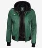Womens Green Hooded Bomber Leather Jacket