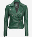 Womens Real Lambskin Leather Green Moto Jacket