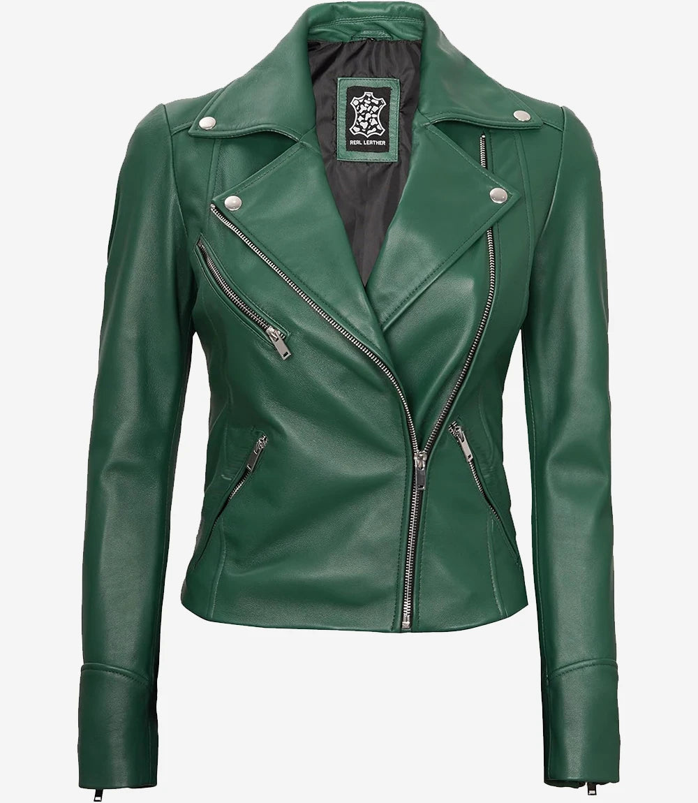 Womens Real Lambskin Leather Green Moto Jacket