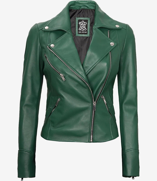 Womens Real Lambskin Leather Green Moto Jacket