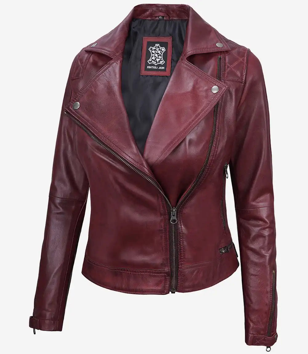 Womens Real Lambskin Leather Asymmetrical Maroon Moto Jacket