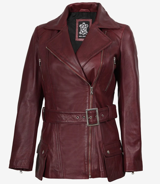 Womens Leather Burgundy Biker Jacket