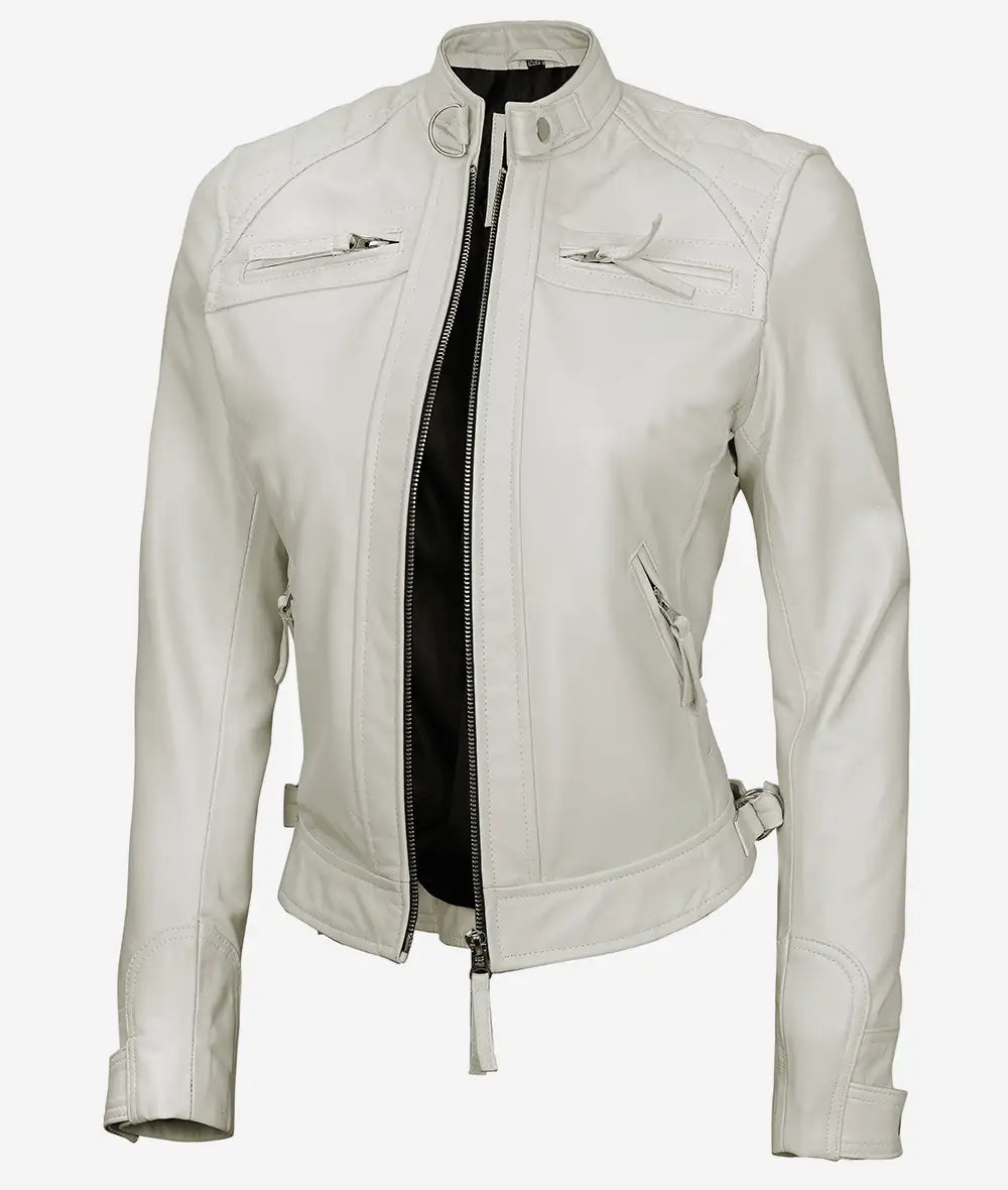 Womens Real Lambskin Leather White Quilted Biker Jacket