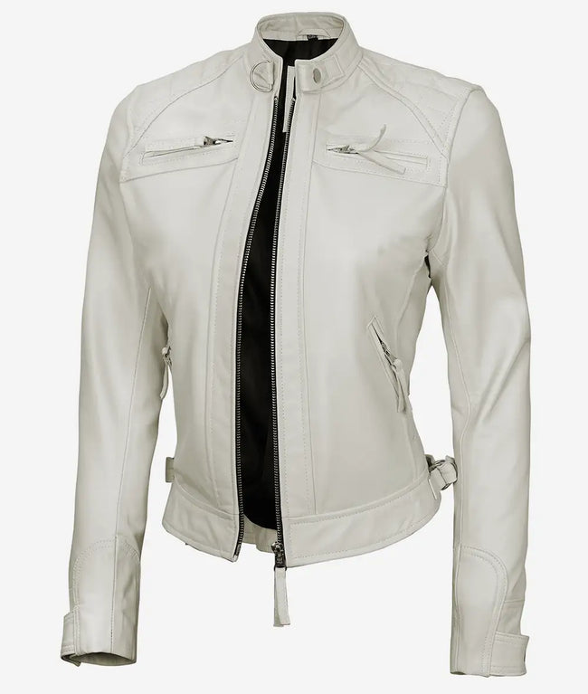 Womens Real Lambskin Leather White Quilted Biker Jacket