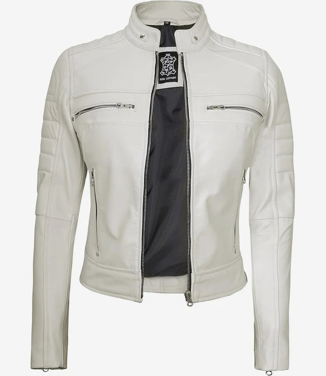 Womens Real Leather White Biker Jacket
