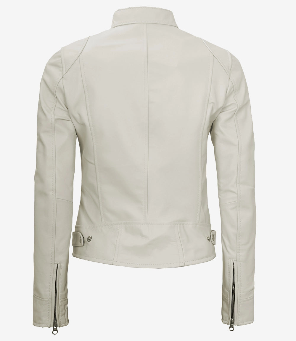 Womens Biker Racer White Leather Jacket