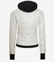 Womens White Bomber Leather Jacket with Removable Hood