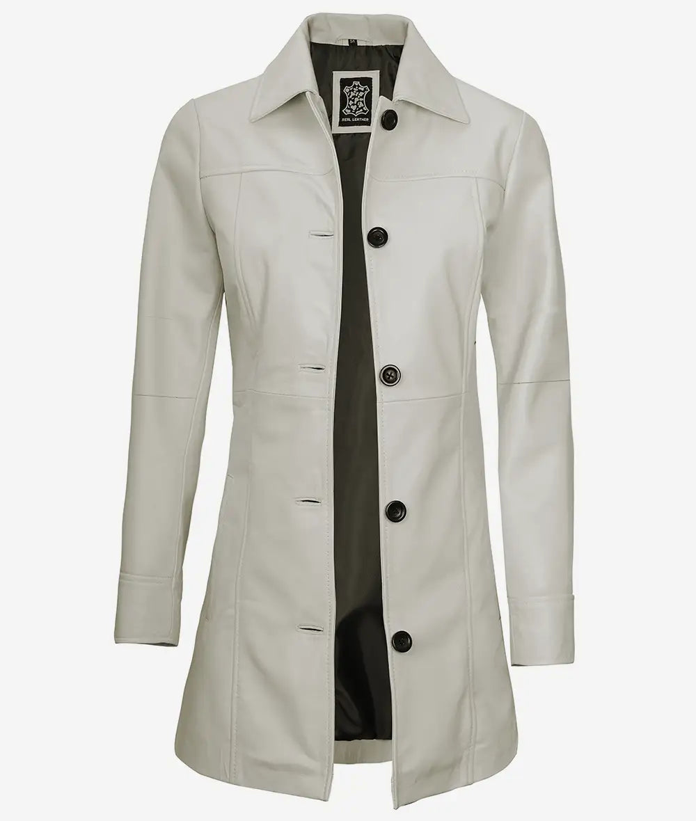 Womens Real Leather White Car Coat