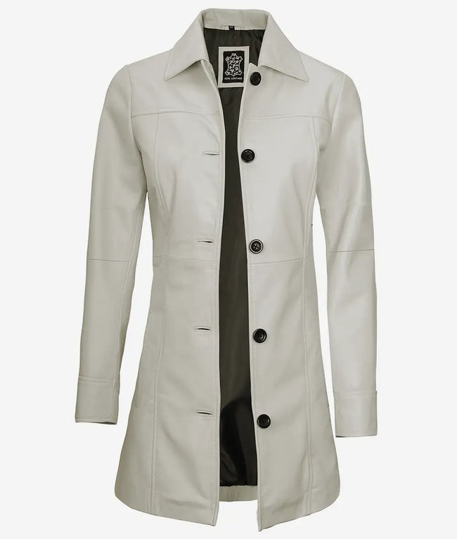 Womens Real Leather White Car Coat