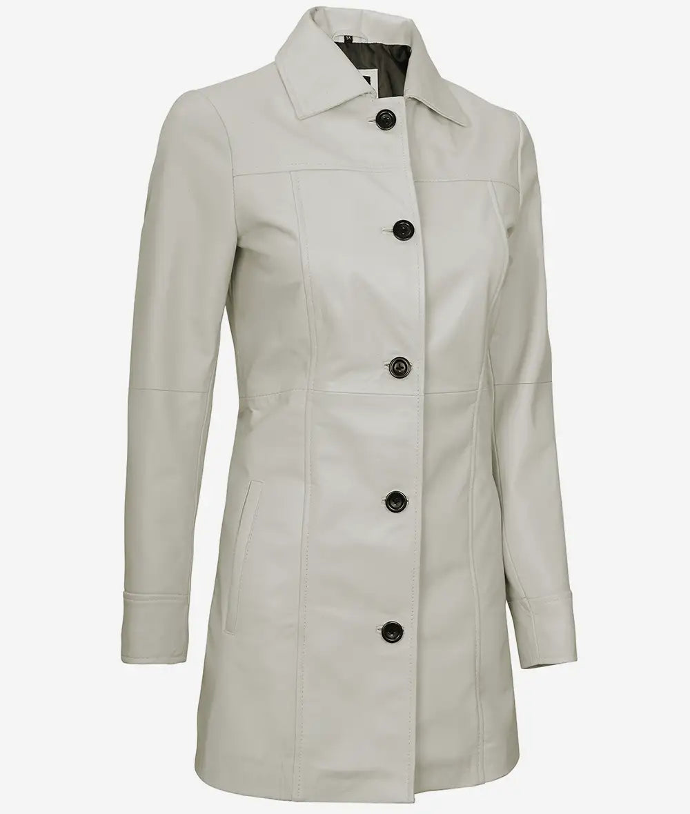 Womens Real Leather White Car Coat