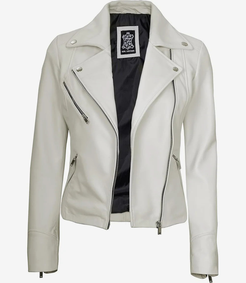 Womens Real Lambskin Leather White Moto Jacket