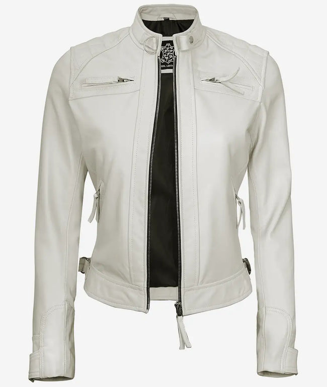 Womens Real Lambskin Leather White Quilted Biker Jacket