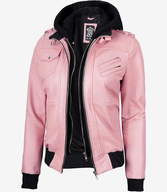 Womens Pink Hooded Bomber Leather Jacket