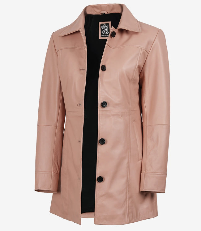 Womens Real Leather Pink Car Coat